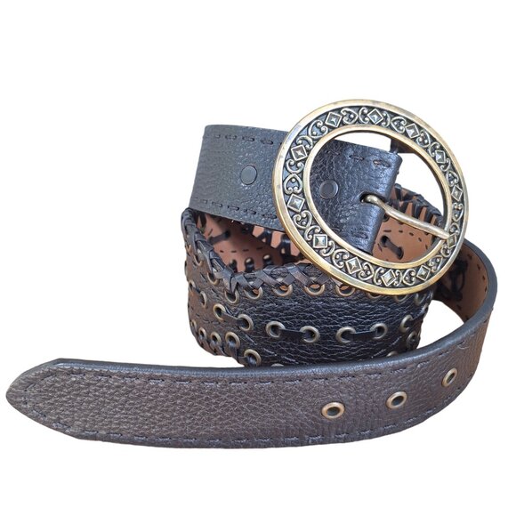 Brighton Sara Toga Leather Belt Size 32 Textured Black Whip Stich Western - Picture 4 of 10